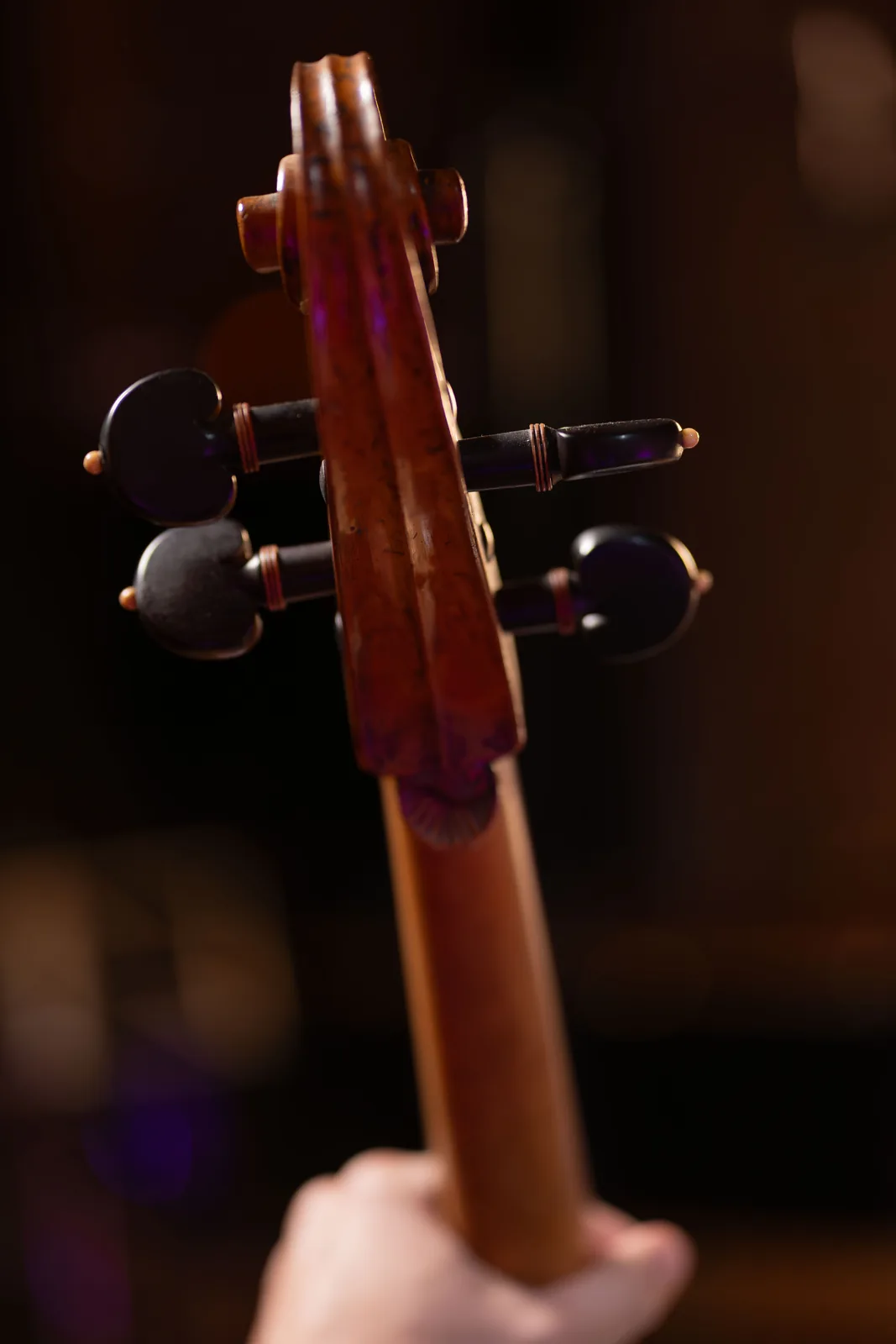 Violonchelista en estudio con luz magenta en Madrid